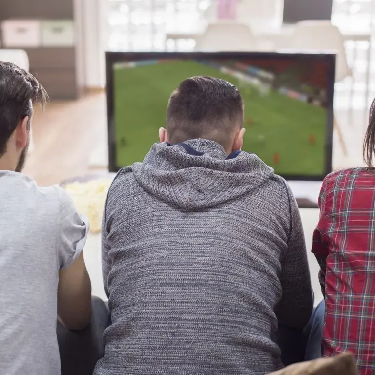 WTC Communications Napanee - Friends enjoying a sports game on TV at home, perfect for high-speed fibre internet.
