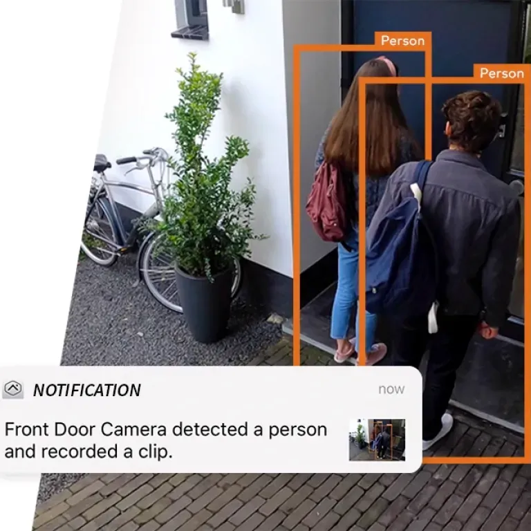 WTC Communications Kingston - Smart home security camera detecting people at a front door, recording a clip.