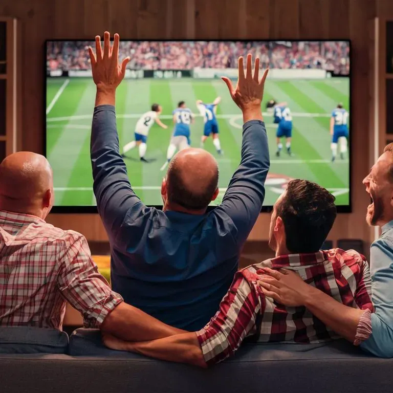 WTC Communications Perth - Group of men celebrating while watching a soccer game on a big screen at home.